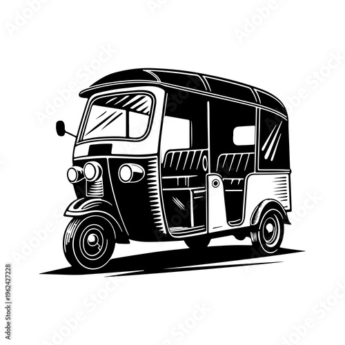 Black and white illustration of an auto rickshaw, also known as a tuk-tuk, a motorized tricycle used as a taxi, viewed from the front-side with a shadow underneath on a white background, representing