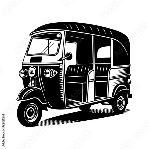 Tuk tuk rickshaw vector illustration - classic three-wheeled auto rickshaw, traditional asian transportation, black and white line art, vector graphic, public transport