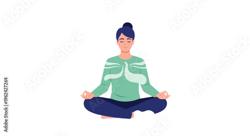 Serene Woman Meditating in Lotus Pose, Practicing Deep Breathing for Mindfulness and Inner Peace Illustration