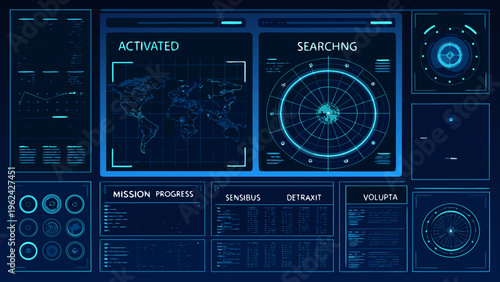 Futuristic digital interface displaying world map radar and data streams
