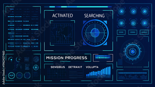 Futuristic interface displaying activated search and mission progress indicators