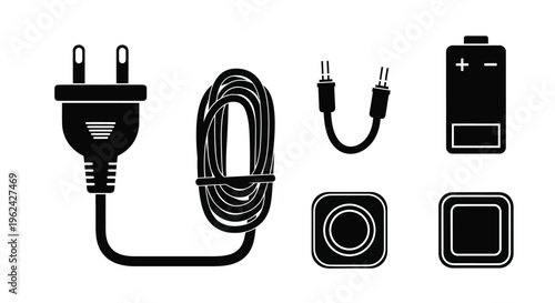 Electrical plugs cords and chargers depicted in a striking black silhouette