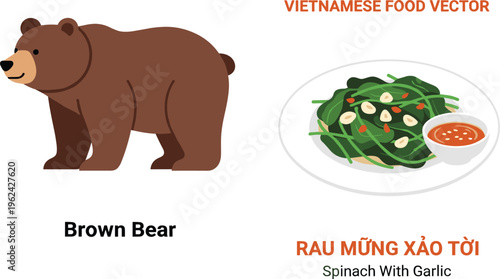 Flat vector illustration of a grizzly brown bear standing next to a plate of Vietnamese stir-fried spinach with garlic and dipping sauce.