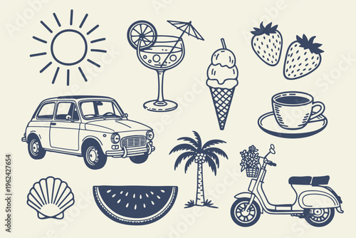 Retro Summer Vacation Icons in Navy Blue Outline on Cream Background
