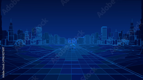 Futuristic cityscape with a long illuminated road receding into the distance