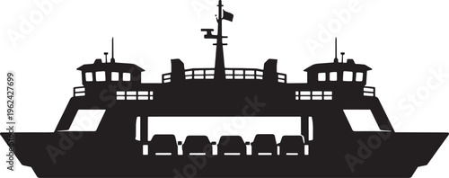 Black ferry boat, silhouette ship, vector vessel, transportation icon