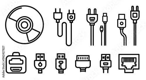 Various data storage and connectivity interface icons in a black silhouette