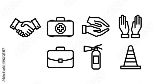 Healthcare and safety icons including a handshake first aid and warning silhouette