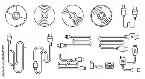 Collection of data storage and connection icons in linear silhouette