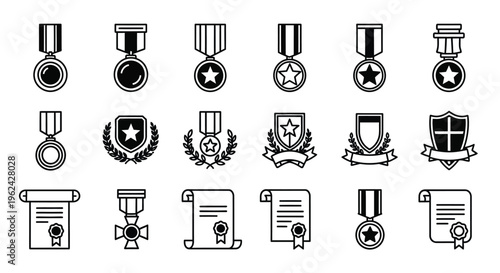 Collection of achievement awards medals and certificates in black silhouette
