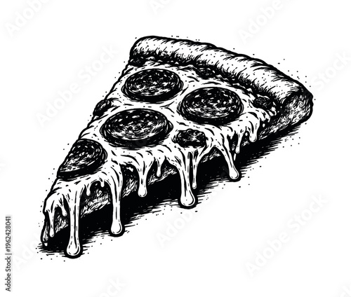 A realistic slice of pepperoni pizza with thick melted cheese shown in three-quarter perspective, enlarged to fill most of the frame and isolated on a perfectly