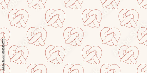 Seamless pattern with heart shaped bavarian pretzels in red line art style. Vector background for bakery, cafe menu and Oktoberfest decor. Minimalist hand drawn snack wallpaper isolated on beige.