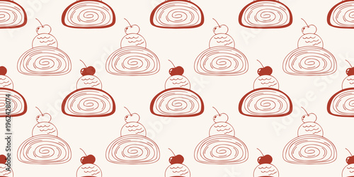 Seamless pattern with cherry strudel and ice cream scoop in red line art style. Vector background for bakery, cafe menu and dessert design. Minimalist hand drawn wallpaper isolated on beige