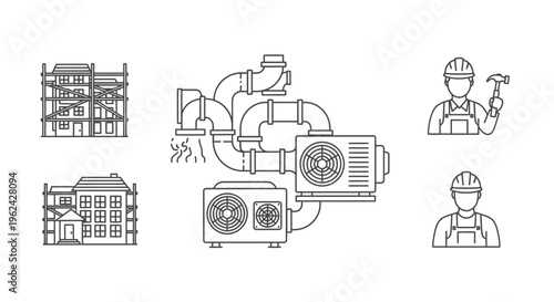 Construction and plumbing equipment with workers a detailed line art silhouette