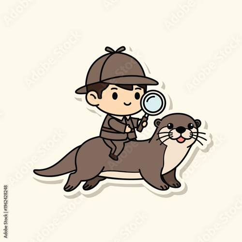 A cartoon detective with magnifying glass is riding an otter. The detective wears a hat and suit, otter looks happy.  They are against a cream background