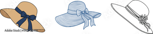 Summer Hat Vector Set with Wide Brim Sun Hats, Ribbon and Floral Details, Elegant Beach Accessories, and Minimal Line Art Illustrations for Fashion Design Projects