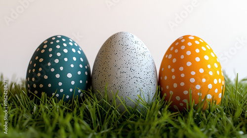 Three speckled Easter eggs, teal, grey, and orange with white dots, are led in bright green grass against a clean, simple white background providing contrast.