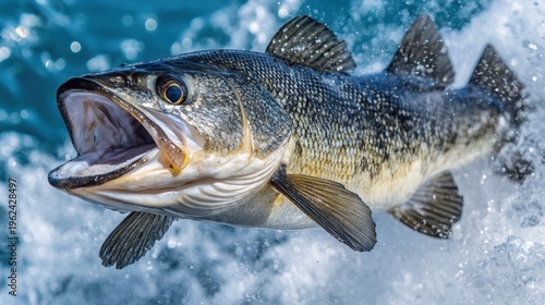 Freshwater Predator: Walleye Leaps from Water with Open Mouth Angling Pose