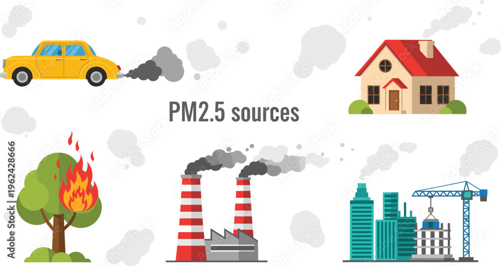 Obraz premium PM2.5 Pollution Sources Illustration with Cars, Factories, Fires, and Construction Sites