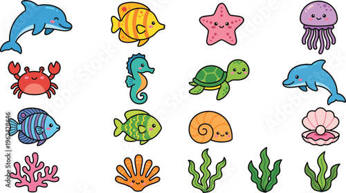 Cute Cartoon Marine Life Icon Set Featuring Dolphin, Fish, Starfish, Jellyfish, Crab, Turtle, Seahorse and Ocean Elements for Kids Design and Underwater Graphics