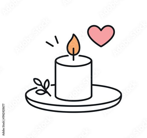 Relaxed personal comfort and enjoying quiet pleasant moments during everyday casual leisure time indoors, a minimal candle on a tray combined with a small heart icon symbolizing