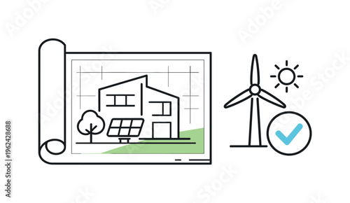 Green construction planning in a professional engineering context aimed at integrating renewable energy solutions into new developments, a simple architectural blueprint sheet
