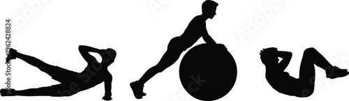 "Fitness silhouette illustration, bicycle crunch, exercise ball plank, standard crunch, core workout, abdominal training, gym exercise, healthy lifestyle"