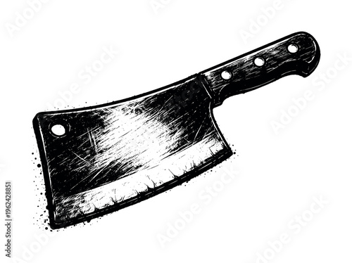 Butcher cleaver shown in a bold side profile with the wide blade dominating the composition and the handle angled slightly downward, enlarged to fill most of