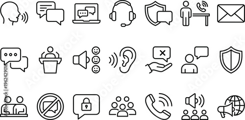 Customer Support and Communication Line Icon Set with Call Center Messaging Feedback Security Contact and Helpdesk Symbols for Business Apps and Web Design