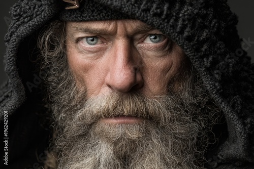 Intense gaze of hooded, bearded, old man, staring deeply into camera
