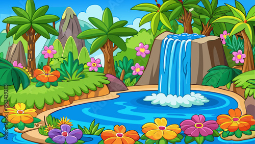 Tropical island, waterfall, colorful flowers, cartoon landscape, paradise illustration
