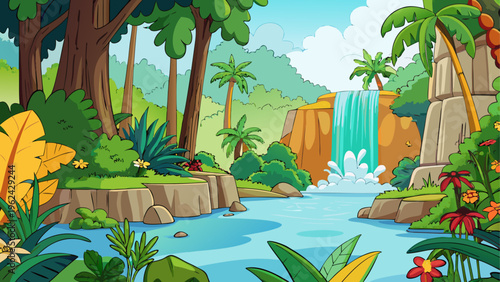 Cartoon tropical jungle landscape, waterfall, lush greenery, exotic plants, cartoon river