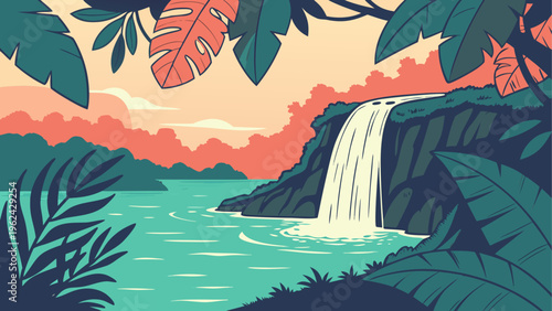 Tropical jungle landscape, waterfall, lush greenery, vibrant colors, travel destinations