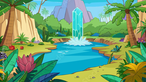 Tropical island, cartoon jungle, palm trees, volcanic landscape, water feature