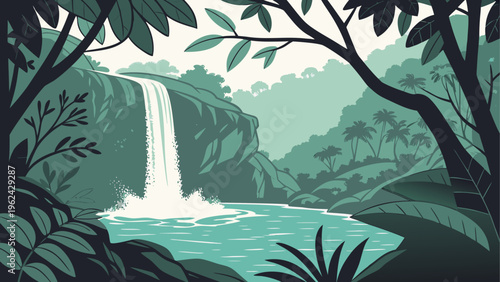 Jungle waterfall, tropical landscape, green environment, vector illustration
