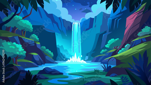 Fantasy landscape, glowing waterfall, cartoon environment, blue night scene, scenic illustration