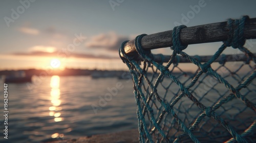 Coastal Sunrise Through Fishing Net: A Serene Marine Scene at Daybreak