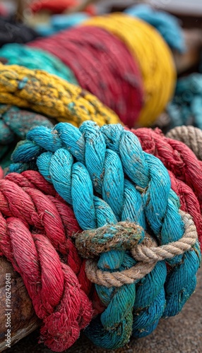Colorful Ropes Coil Together In Detail on a Dock Marine Adventure Concept