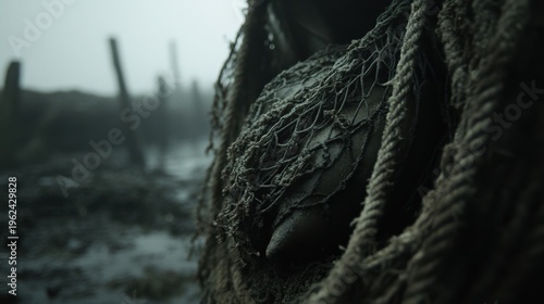 Abstract Close-up of Rope, Net, and Gloomy Landscape in a Misty Ambiance