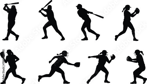 Silhouette collection of softball and baseball players swinging bats, catching balls, fielding positions, dynamic sports action, athletic training illustration