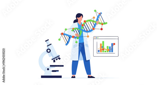 Female Scientist in Lab Coat Studying DNA and Genetic Data Analysis with Microscope - Modern Biotechnology Research Illustration
