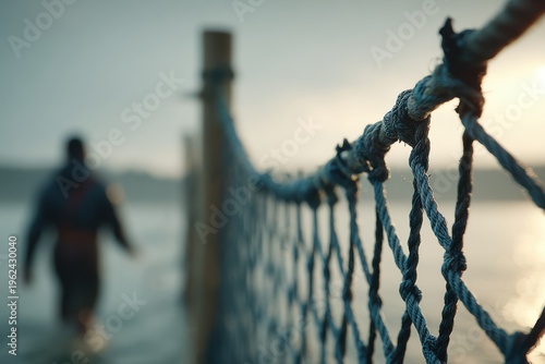 Solitude by the Sea: Rope Bridge and Distant Figure at Sunset or Sunrise