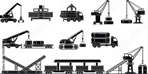 Heavy industrial machinery set featuring silhouettes of mobile cranes, conveyor belts, freight trains, log loaders, and cargo trucks for logistics and construction site operations.
