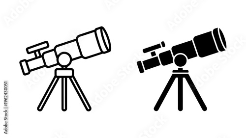 Two black and white telescope icons on tripods for astronomy and stargazing  simple design
