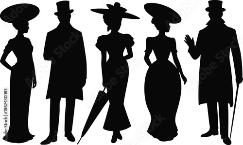 Victorian era silhouette illustration, five figures in 19th century formal clothing, men with top hats, women with parasols, fashion history