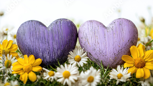 Two pastel purple heart shaped decorations led amongst white and yellow daisies create a lovely sptime themed composition for valentines day or romance celebrations.