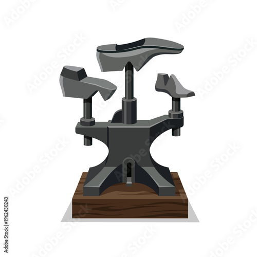 Grey metal cobbler anvil with three different shoe lasts mounted on brown wooden base
