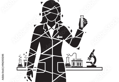 Scientist mosaic with broken lines and laboratory equipment featuring lab, test tube, microscope with beaker and science elements for research, woman