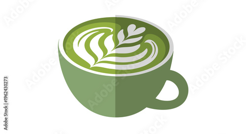 A flat-design illustration shows a stylized coffee cup in muted greens, featuring detailed latte art. The white design has leaf/flower shapes