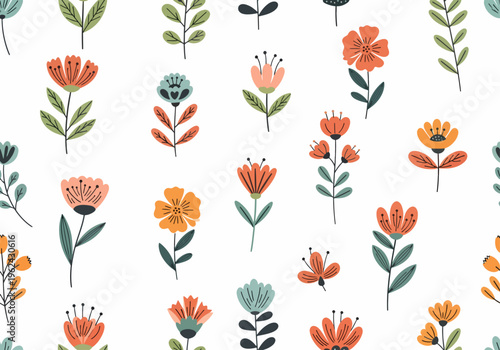 Bright retro-inspired botanical design with scattered blossoms and stylized nature elements